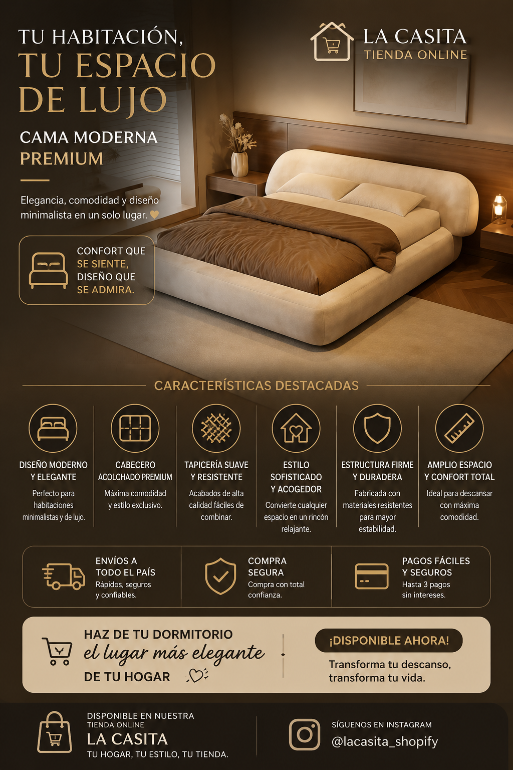 CAMA MODERNA PREMIUM
Elegancia, comodidad y diseño minimalista