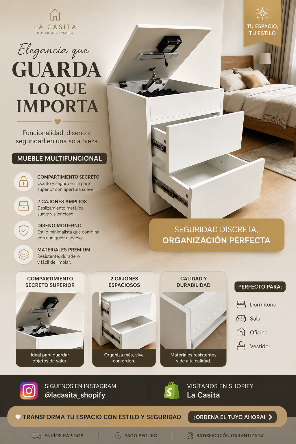 Mesa de Noche Multifuncional con Compartimento Secreto