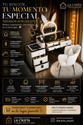 Tocador Inteligente combina, tecnología y organización.
Disfruta de su espejo LED ajustable, conectividad Bluetooth, carga inalámbrica y amplios cajones