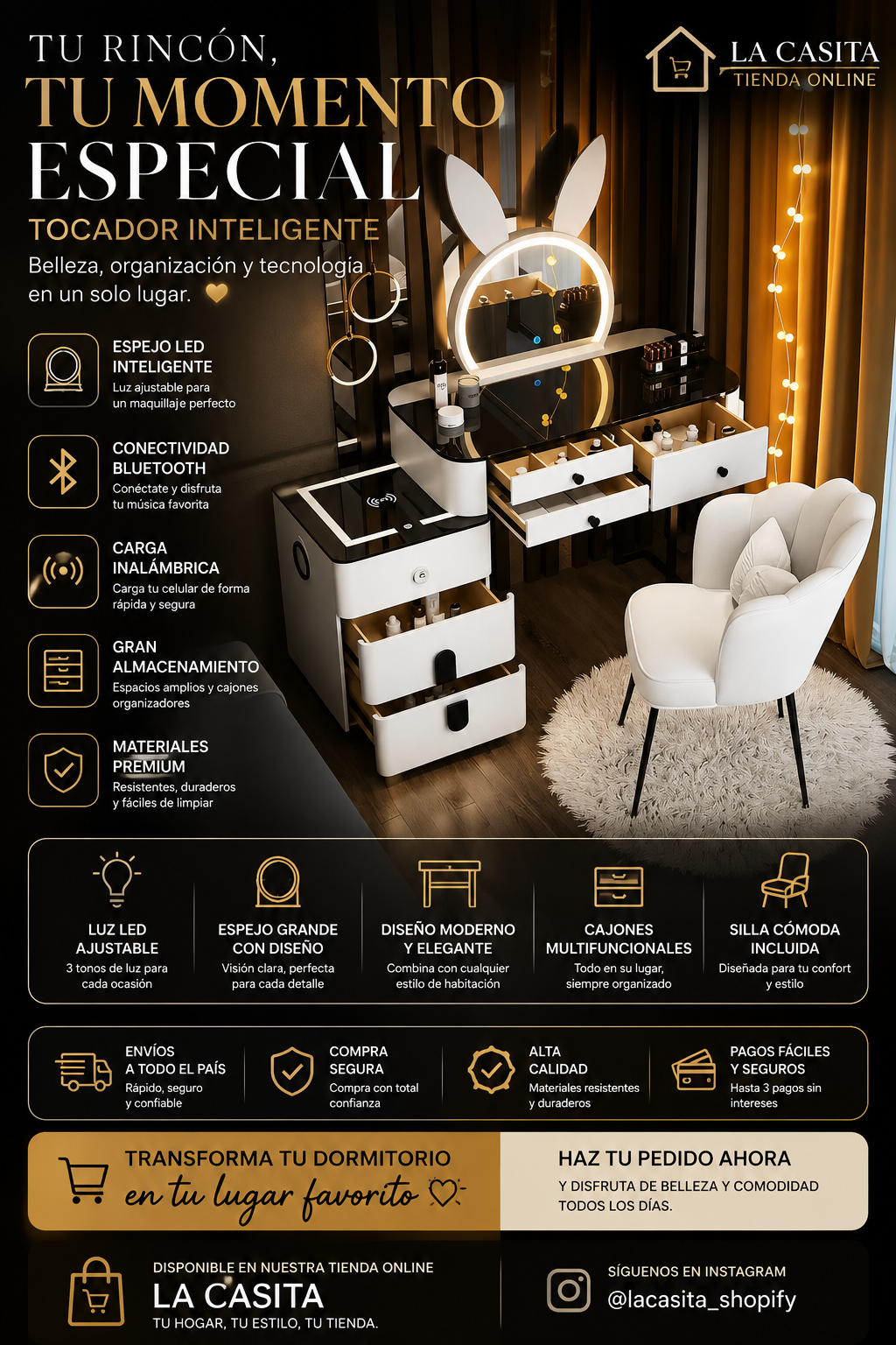 Tocador Inteligente combina, tecnología y organización.
Disfruta de su espejo LED ajustable, conectividad Bluetooth, carga inalámbrica y amplios cajones