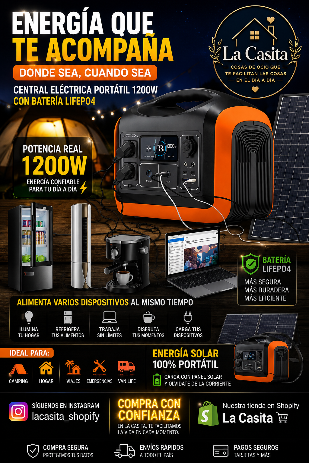 Central Eléctrica Portátil 1200W con batería LIFEPO4